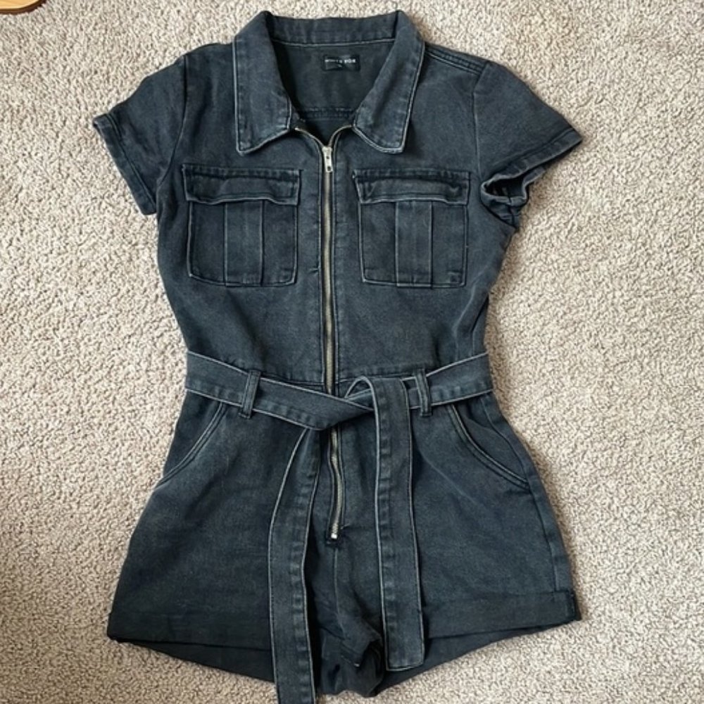 π₯HOT ITEMπ₯ White Fox Boutique Summer Denim Romper in Black Acid - Picture 12 of 12
